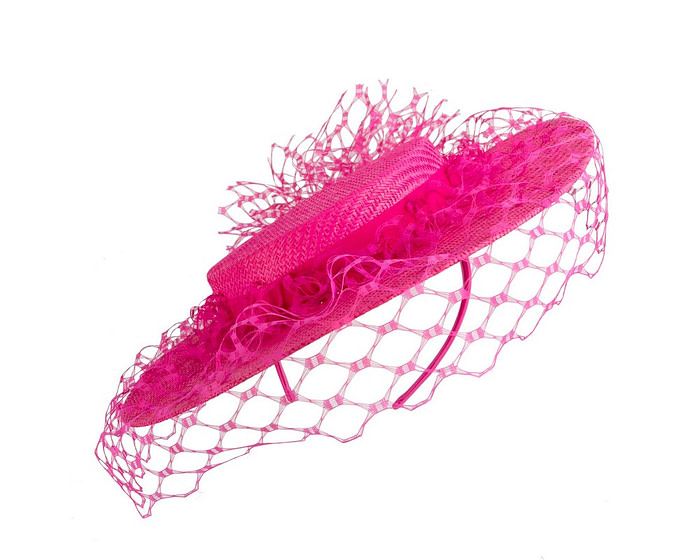 Fuchsia boater hat with face veil by Fillies Collection - Image 2