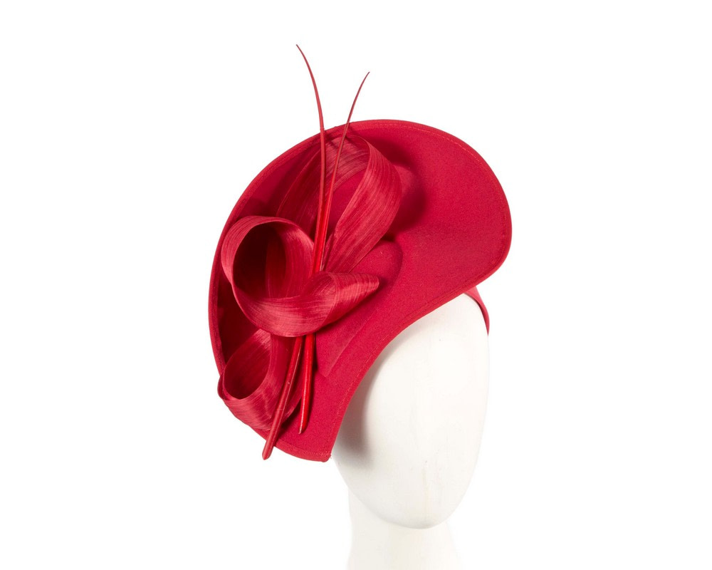 Red winter fascinator with bow and feathers - Fascinators.com.au