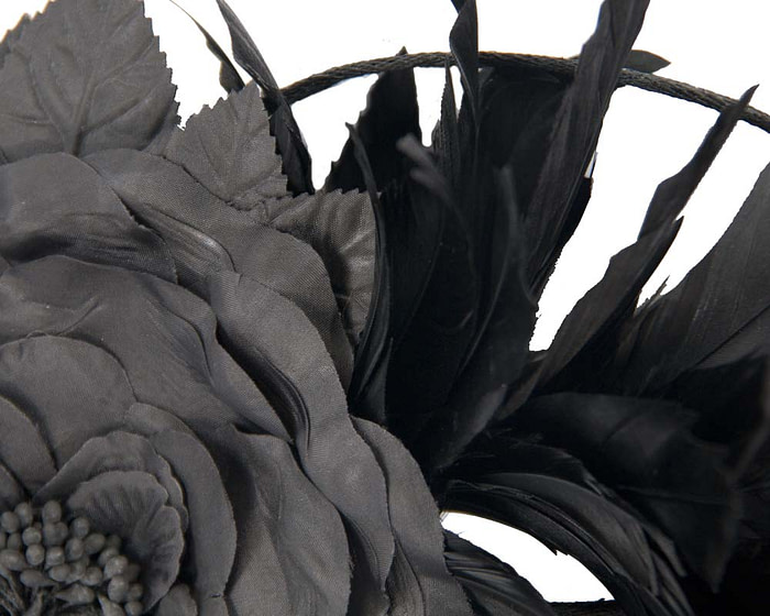 Large black flower & feathers fascinator - Fascinators.com.au