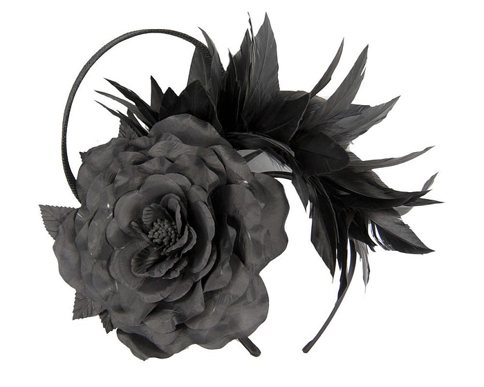 Large black flower & feathers fascinator - Fascinators.com.au