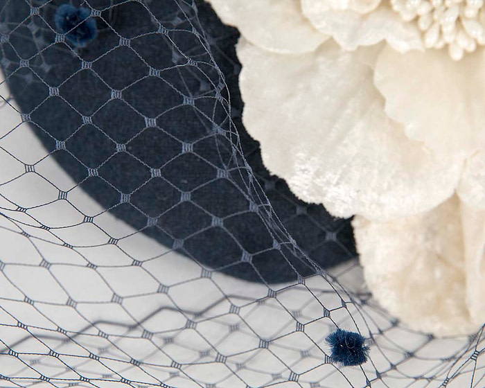 Navy & cream winter felt pillbox with face veil by Fillies Collection - Fascinators.com.au
