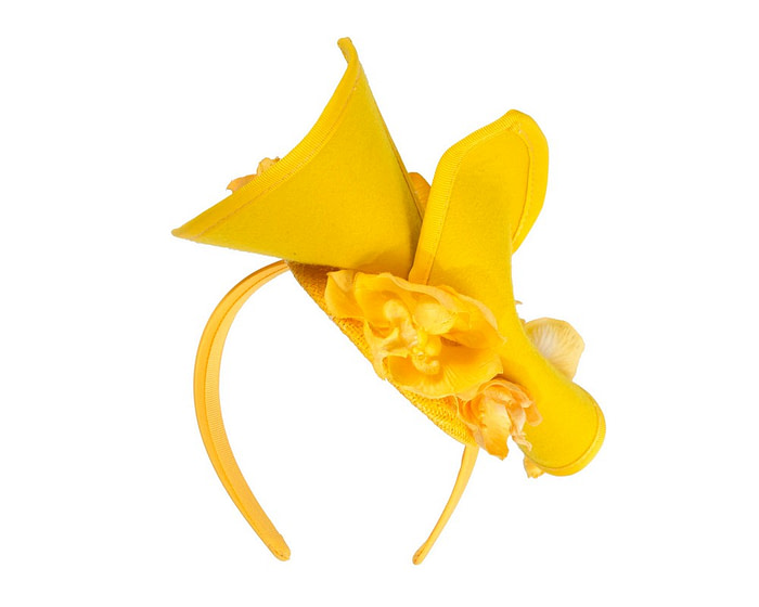 Yellow winter fascinator with orchid by Fillies Collection - Fascinators.com.au