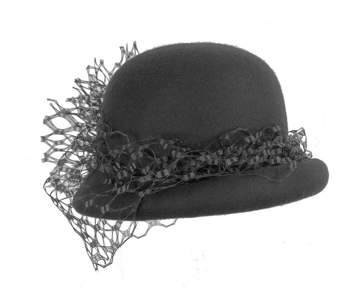 Black felt cloche winter hat by Fillies Collection - Fascinators.com.au