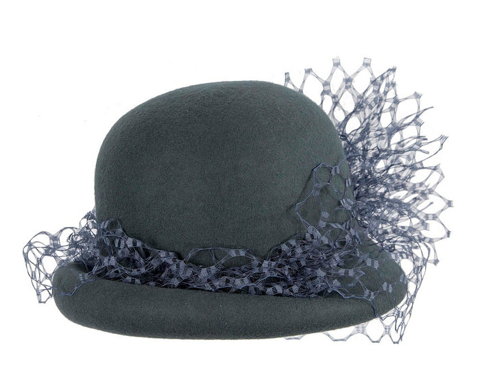Blue grey felt cloche winter hat by Fillies Collection - Fascinators.com.au