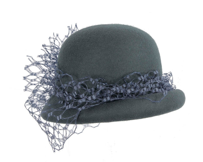 Blue grey felt cloche winter hat by Fillies Collection - Fascinators.com.au
