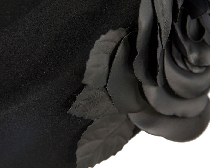 Black felt beret with leather flower - Fascinators.com.au