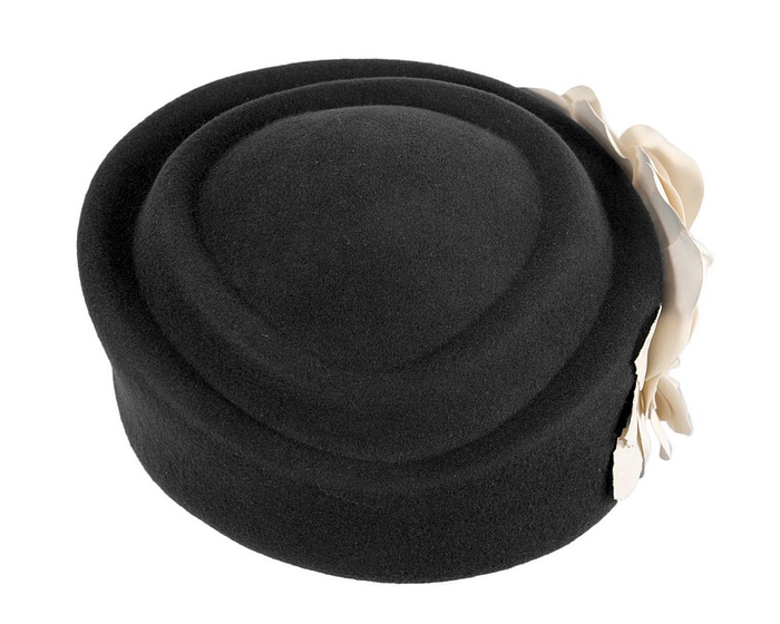 Black & cream felt beret with leather flower - Fascinators.com.au