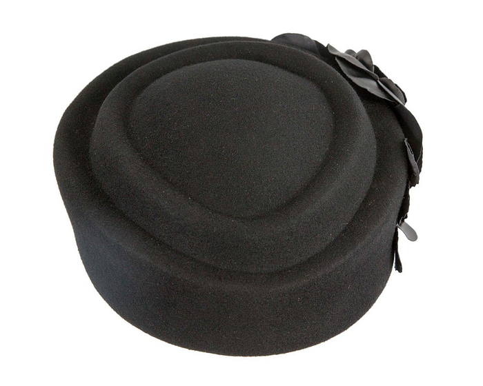 Black felt beret with leather flower - Fascinators.com.au