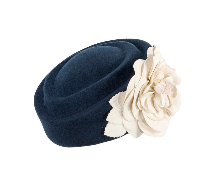 Navy & cream felt beret with leather flower - Fascinators.com.au