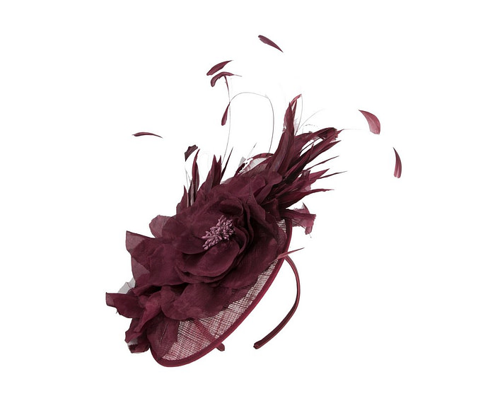 Burgundy racing fascinator with flower and feathers - Fascinators.com.au