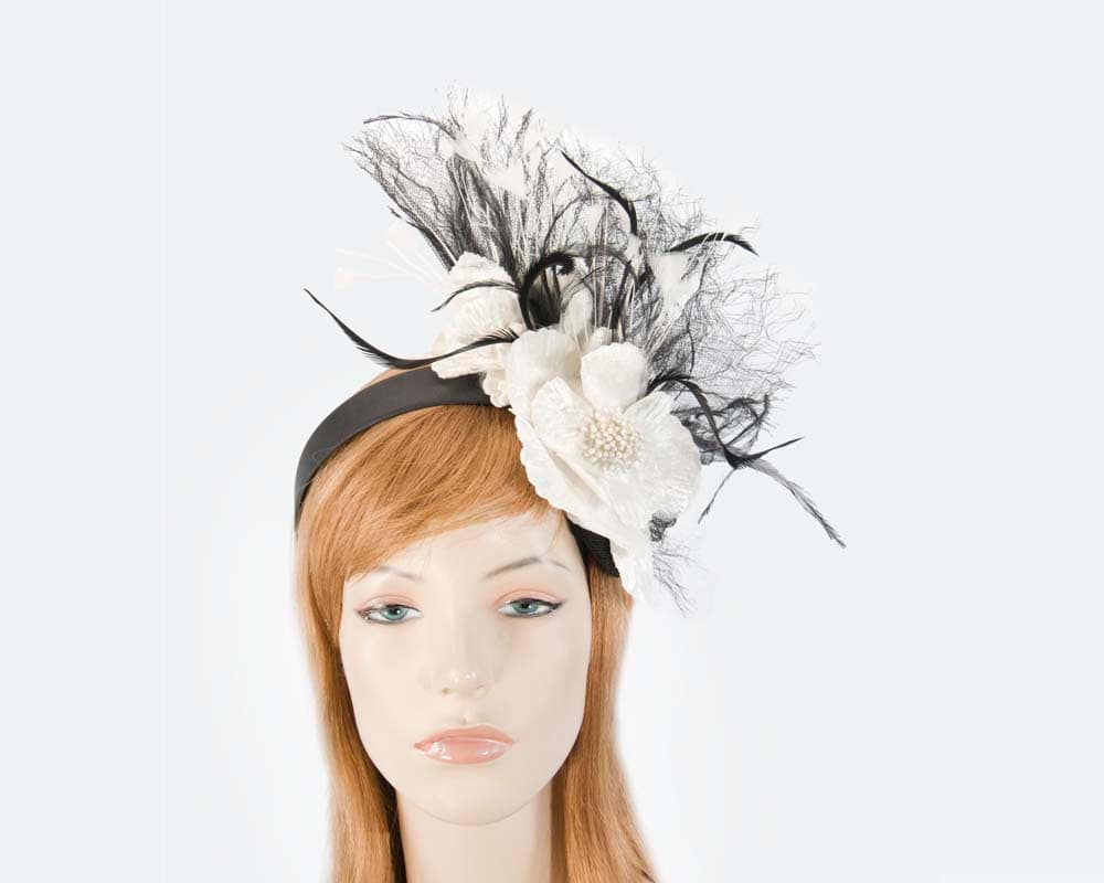 Black Cream Feather Flower Racing Fascinator