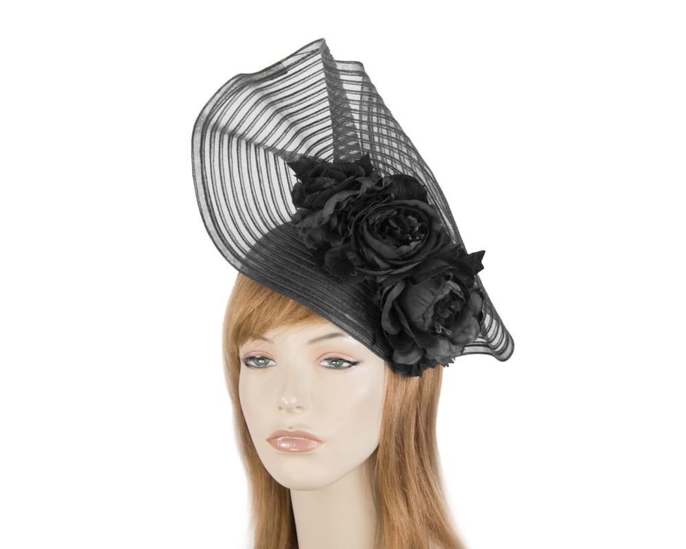 Large black racing fascinator with flowers by Fillies Collection