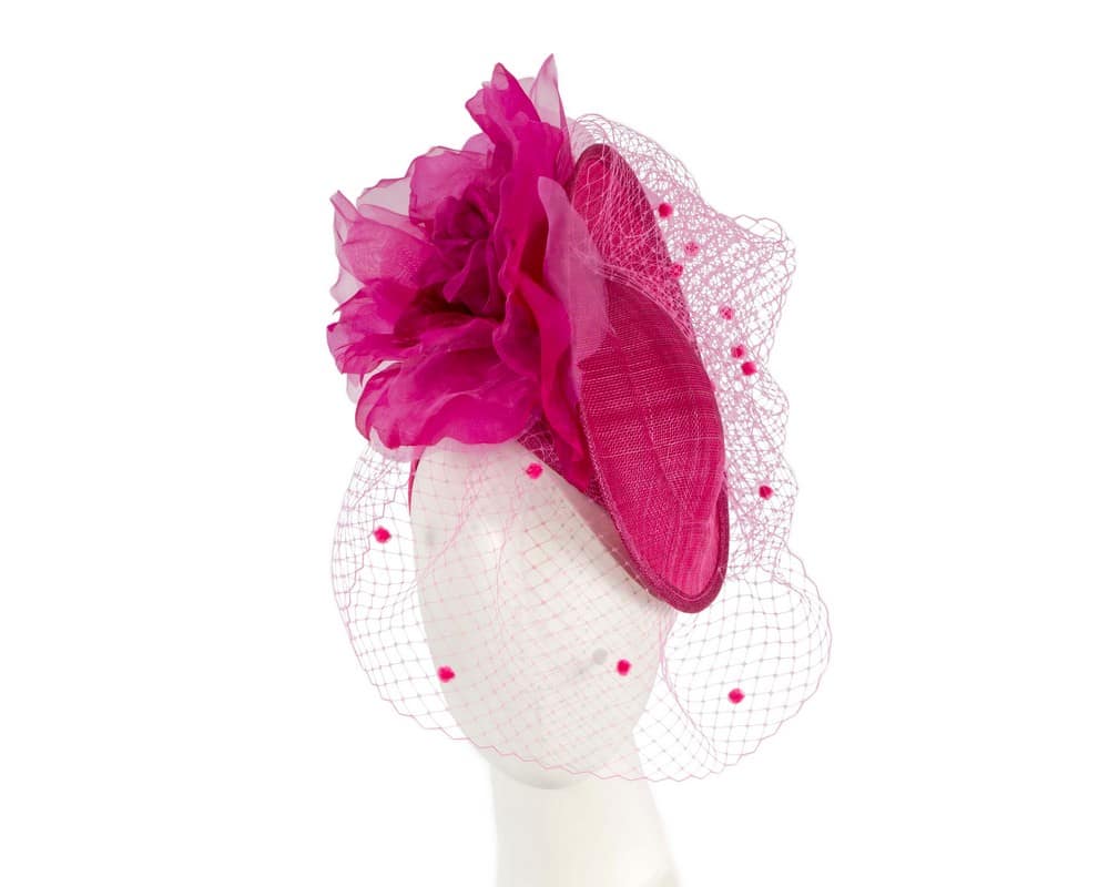 Fuchsia racing fascinator with flowers and face netting by Fillies