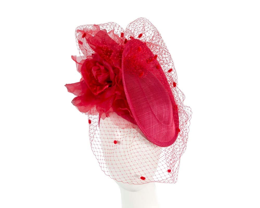 Red racing fascinator with flowers and face netting by Fillies